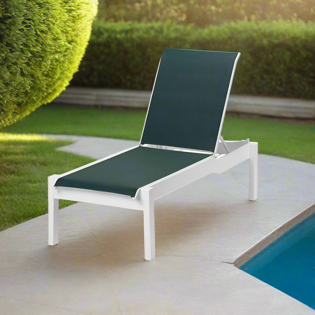 Telescope Casual Leeward MGP Sling Outdoor Lay-Flat Stacking Armless Long Frame Chaise with Wheels