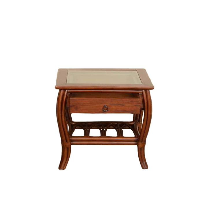 Alexander & Sheridan Cuba Rattan Indoor End Table With Glass And Drawer