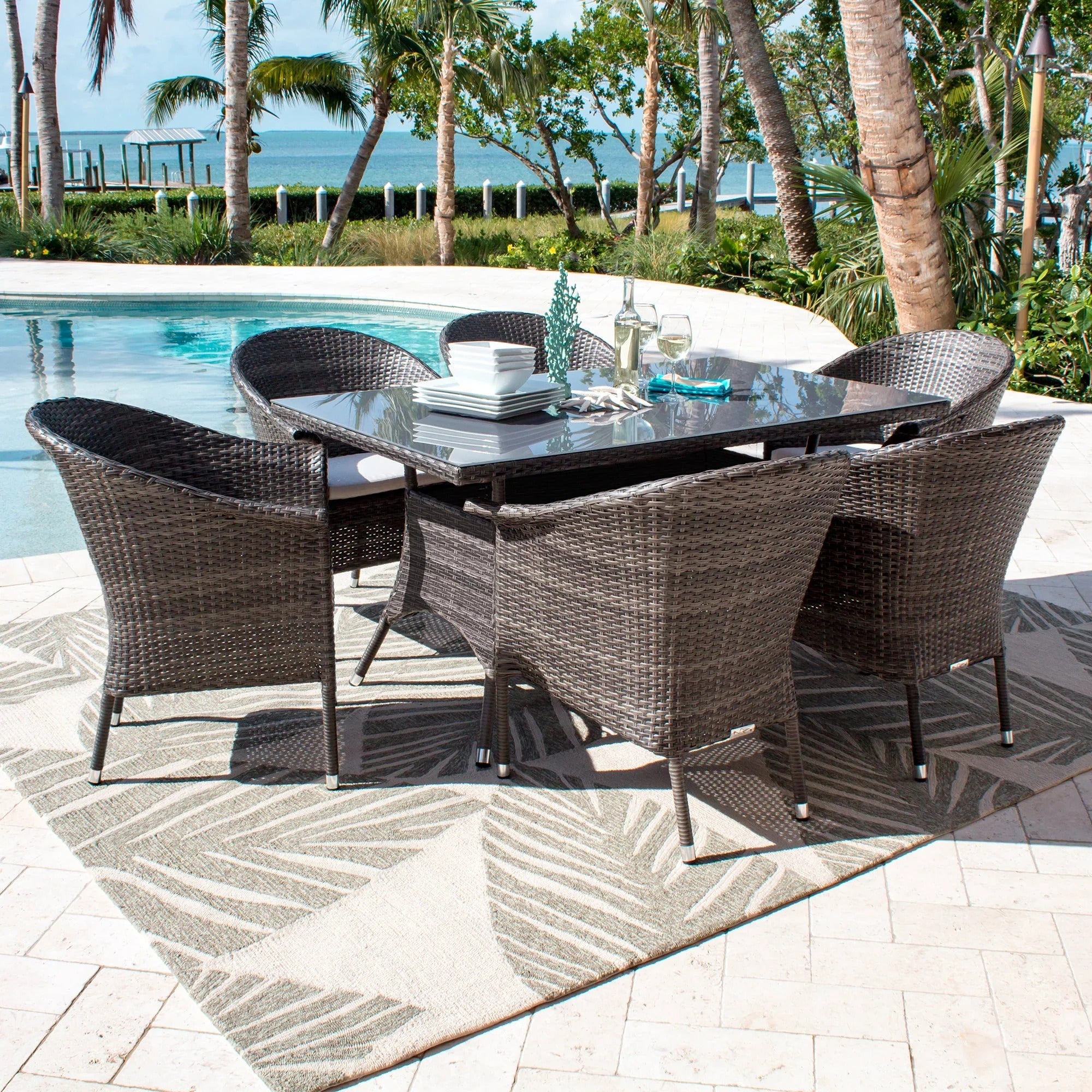Hospitality Rattan Spectrum 7-Piece Woven Armchair Dining Set with Cushions