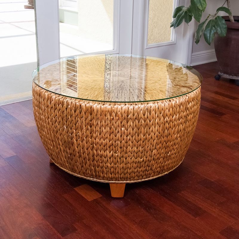 Alexander & Sheridan Key Largo Round Cocktail Table with Glass Top in Antique Honey Finish