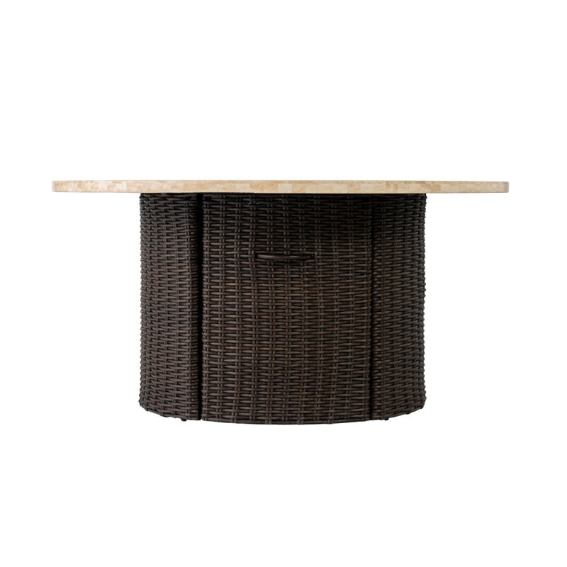 Round rattan table with a wooden top on a white background