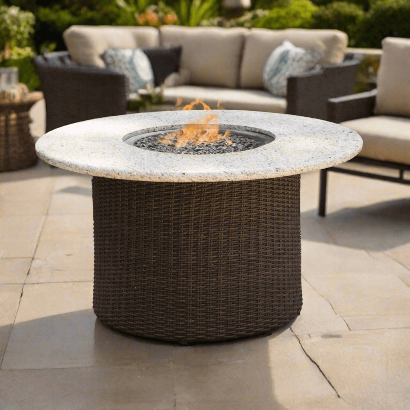 Outdoor patio setting with a fire pit table and seating area.