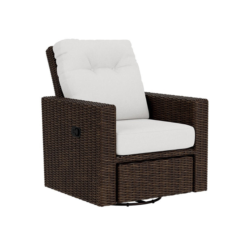 Brown wicker chair with white cushion on a white background