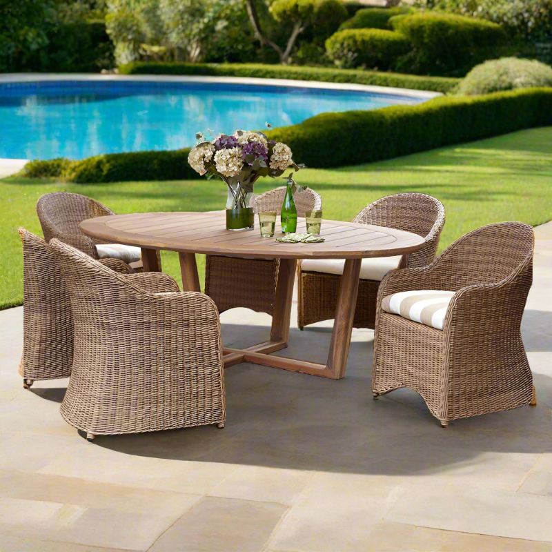 Lloyd Flanders Tobago 7 Piece Teak And Woven Vinyl Oval Dining Set