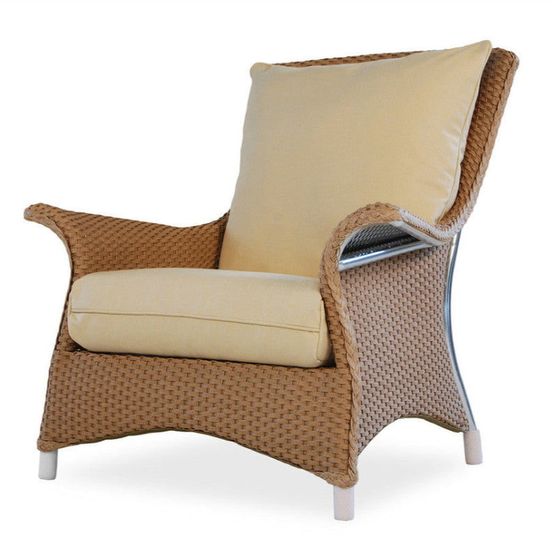 A beige wicker lounge chair with a cushioned seat and backrest, showcasing a textured 5-strand weave design.