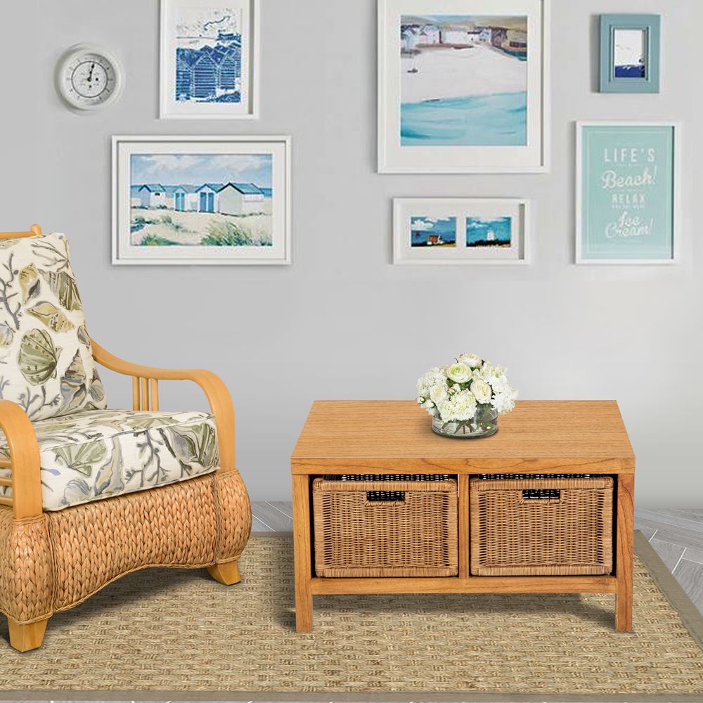 Alexander & Sheridan Malibu Wooden Rectangular Coffee with Rattan Décor Drawer in Natural Wash Finish