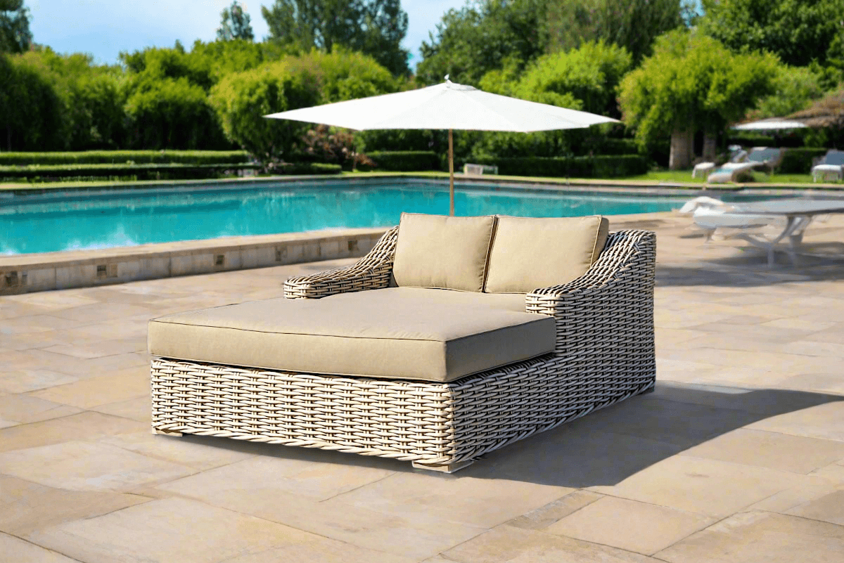 OUTSY Anna 79 X 59 Inch Outdoor Wicker Aluminum Frame XL Double Sun Lounger in White & Grey