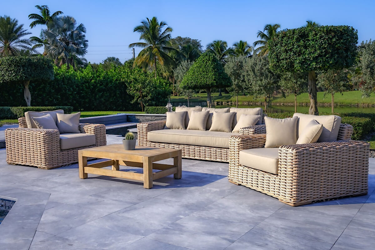 OUTSY Anna LUX 4-Piece Outdoor Wicker Aluminum Frame Furniture Set with Wood Coffee Table in White - Grey - side view