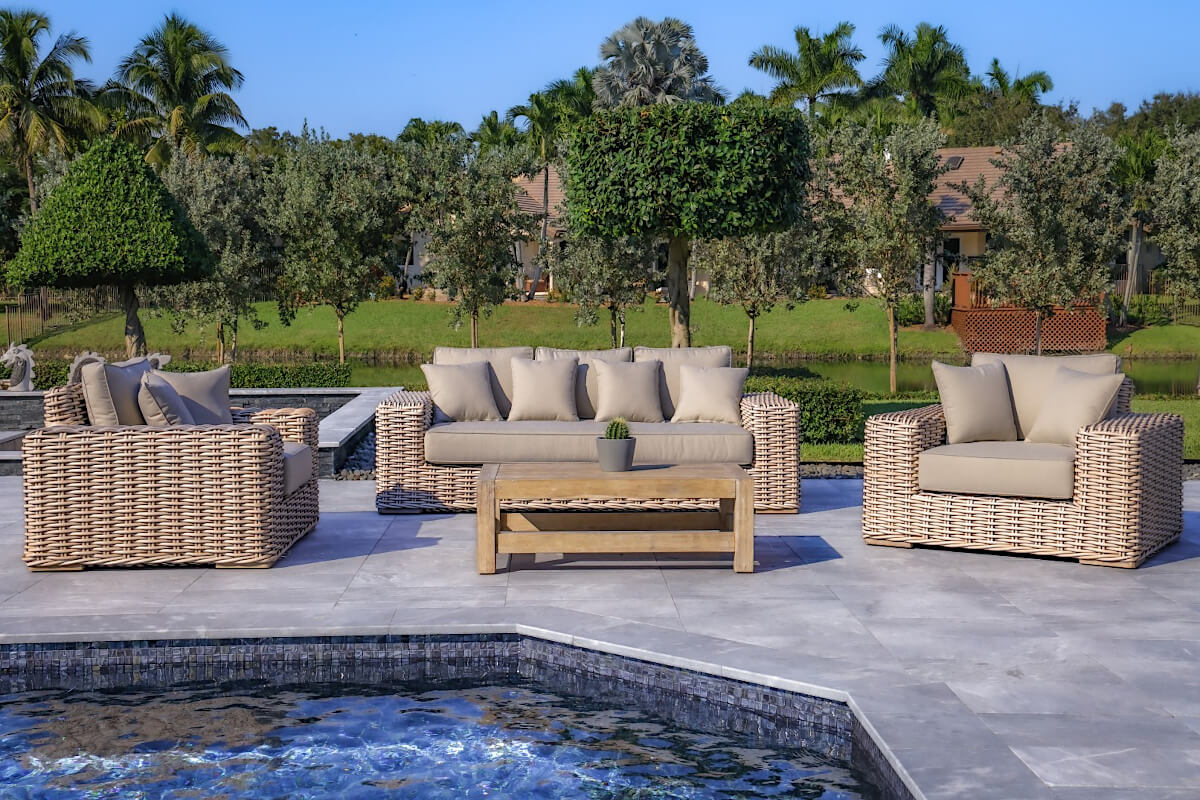 OUTSY Anna LUX 4-Piece Outdoor Wicker Aluminum Frame Furniture Set with Wood Coffee Table in White Grey - front view
