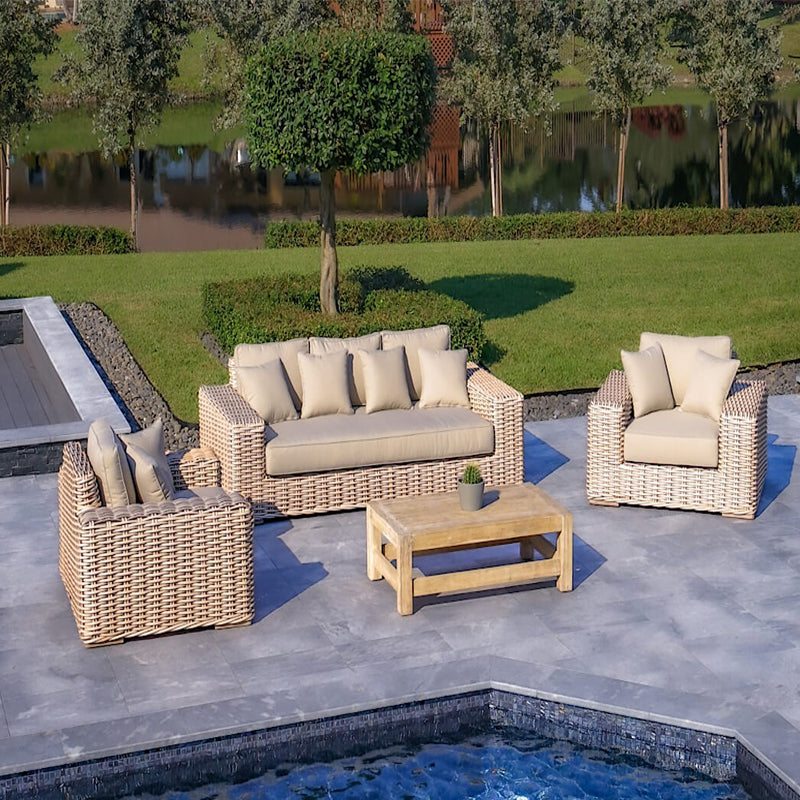 OUTSY Anna LUX 4PC Outdoor Wicker Aluminum Frame Furniture Set w/ Wood Coffee Table in White/Grey