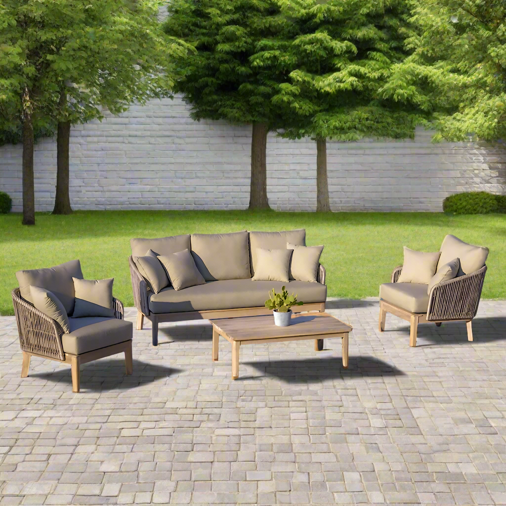 OUTSY Eve 4-Piece Outdoor and Backyard Wood, Aluminum and Rope Furniture Set