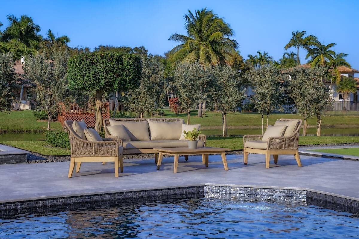 OUTSY Solana 4-Piece Outdoor and Backyard Wood, Aluminum and Rope Furniture Set - beside the pool