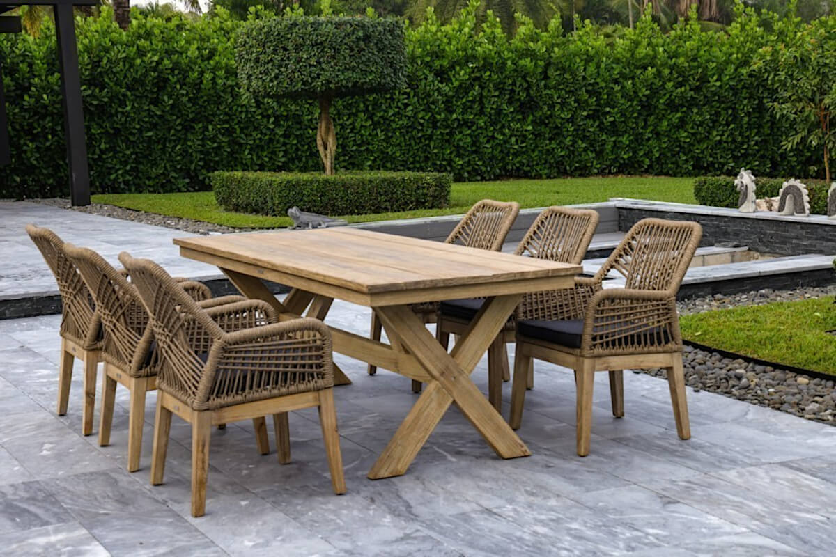 Outsy Santino 7-Piece Outdoor Dining Set - Wood Table with 6 Wood, Aluminum, and Rope Chairs
