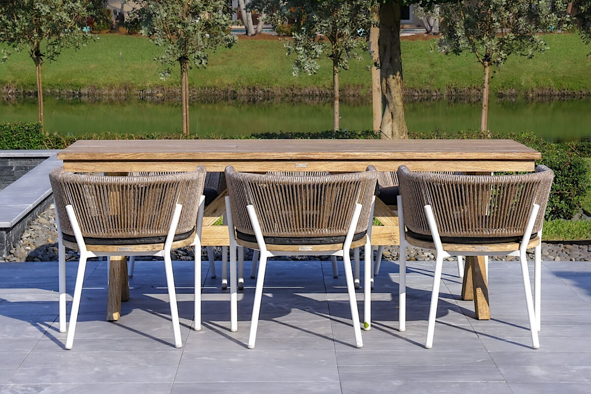 Outsy Santino + Melina 7-Piece Outdoor Dining Set - Wood Dining Table and 6 Wood, Aluminum, and Rope Chairs, White Legs