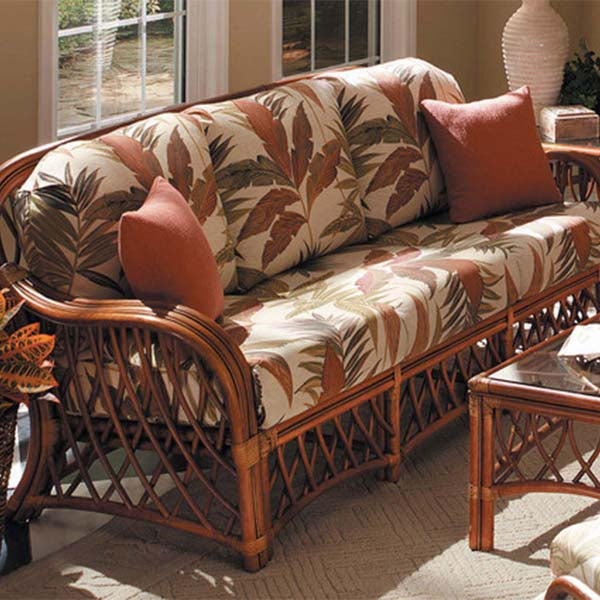 Replacement Cushions for South Sea Rattan Antigua Sofa- front right view with background