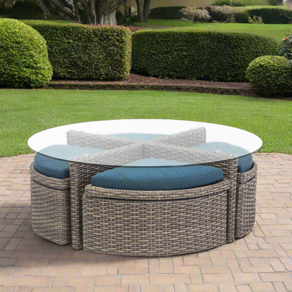 South Sea Rattan Saint Tropez Outdoor Wicker Sushi Table With Ottomans