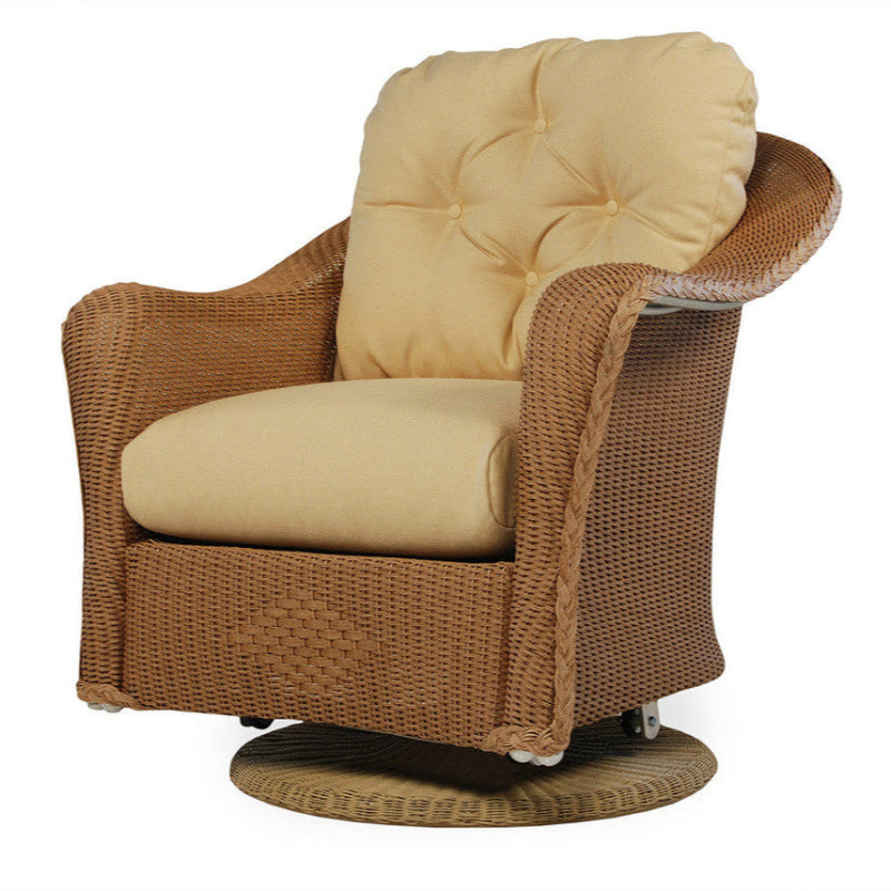 Wicker chair with beige cushions on a white background
