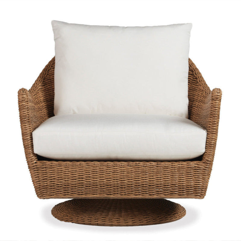 Wicker swivel chair with white cushion on a white background
