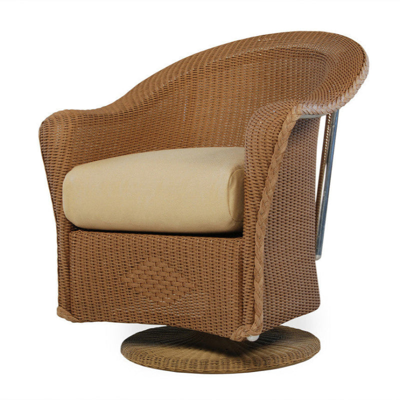 Brown wicker chair with beige cushion on a white background