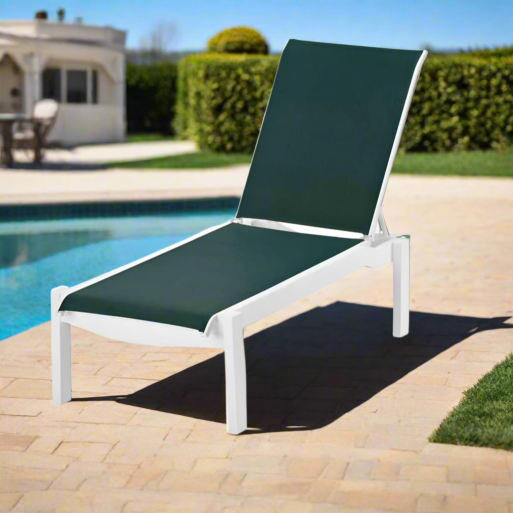 Telescope Casual Leeward MGP Sling Outdoor Lay-Flat Stacking Armless Chaise w/ Wheels
