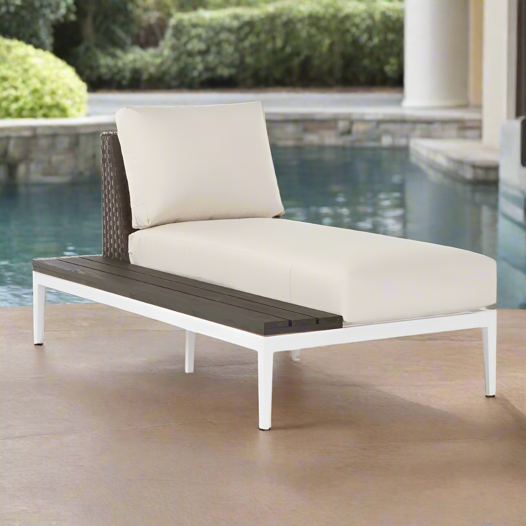 South Sea Rattan Stevie Wicker Chaise Lounge With Left Side Facing Table