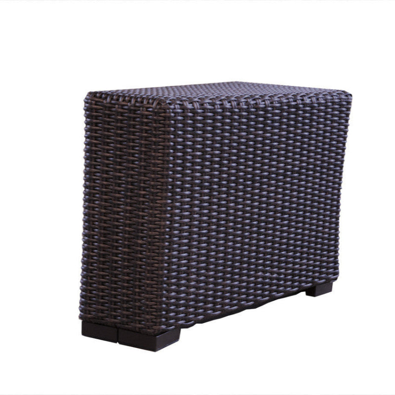 Woven dark brown outdoor side table on a white background