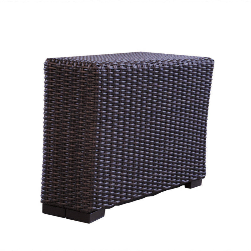 Woven dark brown outdoor stool on a white background
