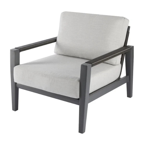 Lounge chair with gray frame and light gray cushions on a white background