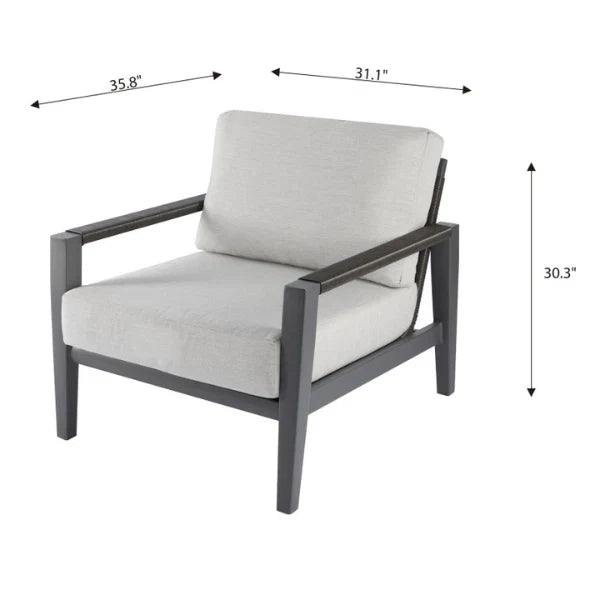 Lounge chair with dimensions labeled on a white background.