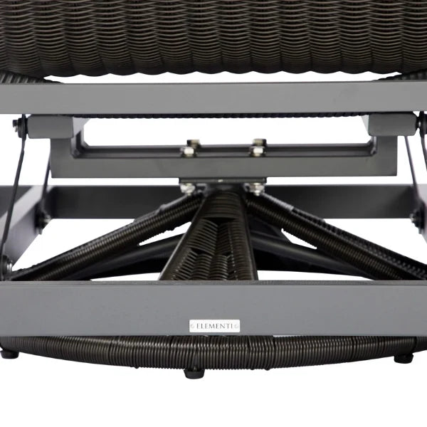 Close-up of a lift chair mechanism showing the dark gray aluminum frame, corrugated black pneumatic tubes, and a small white ELEMENTI brand label on the front frame.