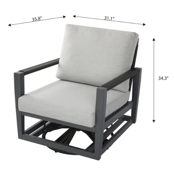 Swivel glider chair with gray cushions and dimensions labeled on a white background