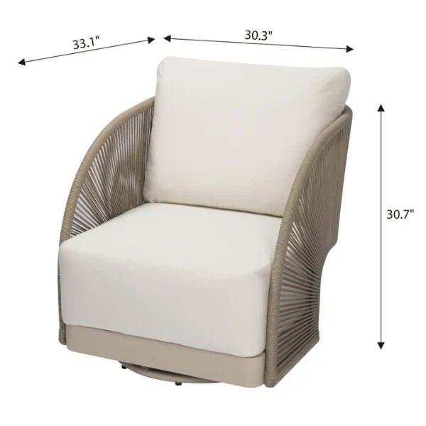 Beige armchair with white cushions and dimensions labeled on a white background