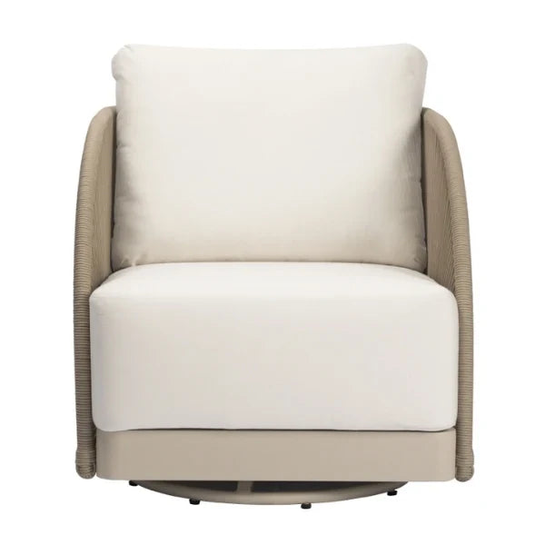 A modern outdoor swivel armchair with thick cream cushions and a woven beige wicker frame, shown against a plain white background.
