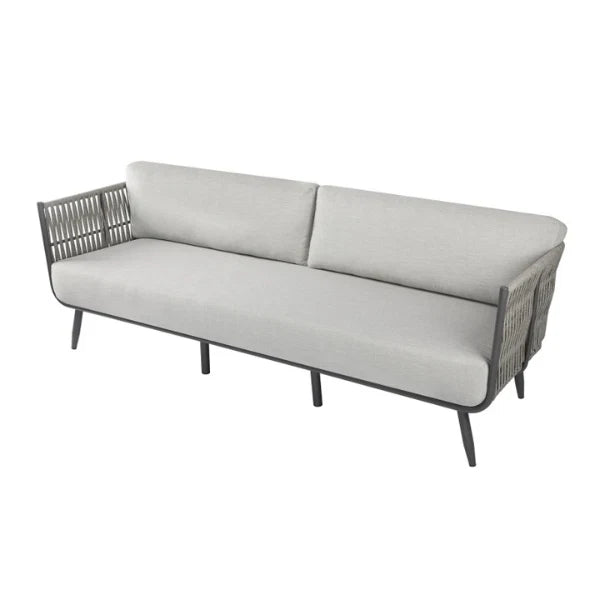 A modern outdoor sofa with light gray cushions and a dark gray woven frame, shown on a plain white background.