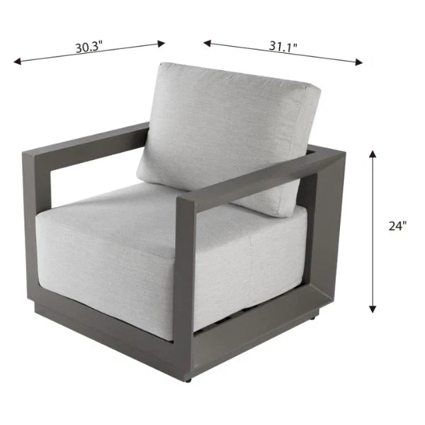 Lounge chair with gray cushions and dimensions labeled on a white background