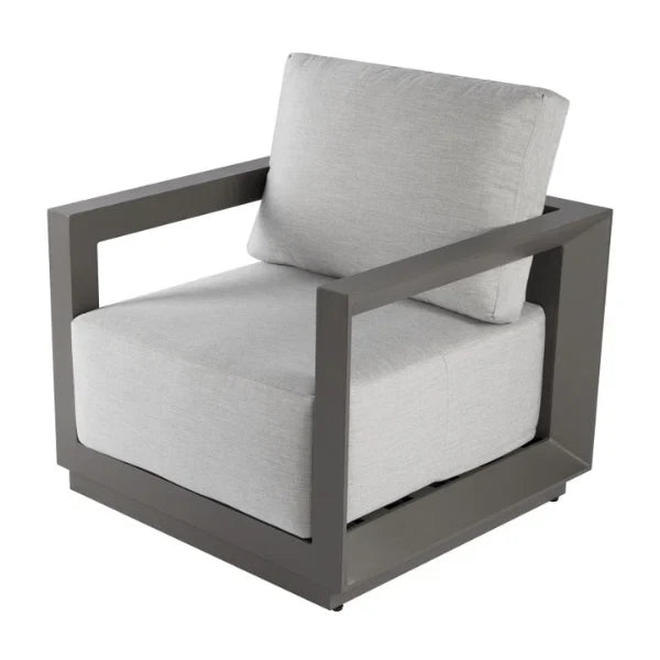 Modern lounge chair with gray cushions on a white background