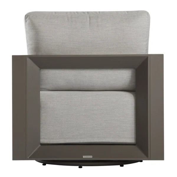 A modern swivel armchair with a light gray textured fabric upholstery and a dark gray geometric frame, shown against a plain white background.