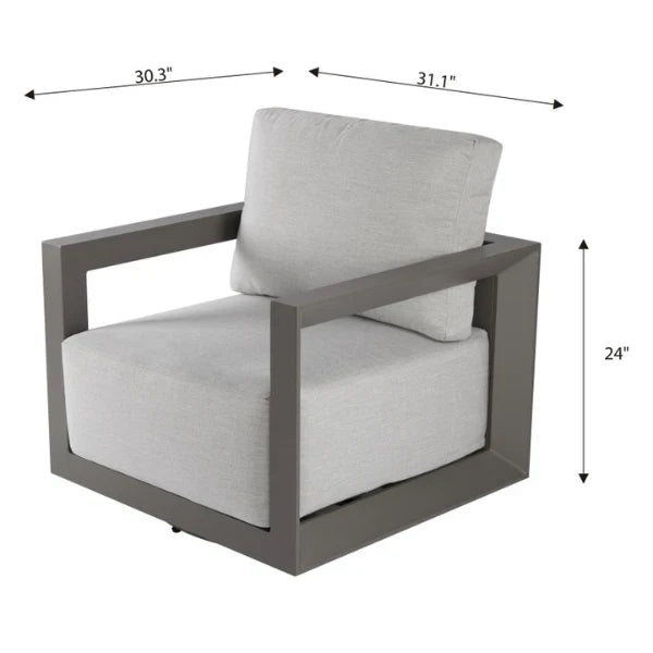Gray swivel armchair with white cushions and dimensions labeled on a white background