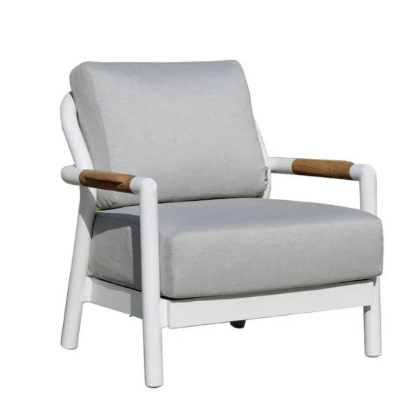 A modern outdoor armchair with light gray textured cushions, a white frame, and natural wood armrest accents, shown on a solid white background.