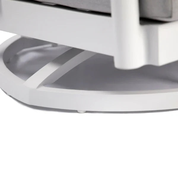 Close-up detail of a modern white outdoor chair base and frame with a light gray cushion, shown against a white background.
