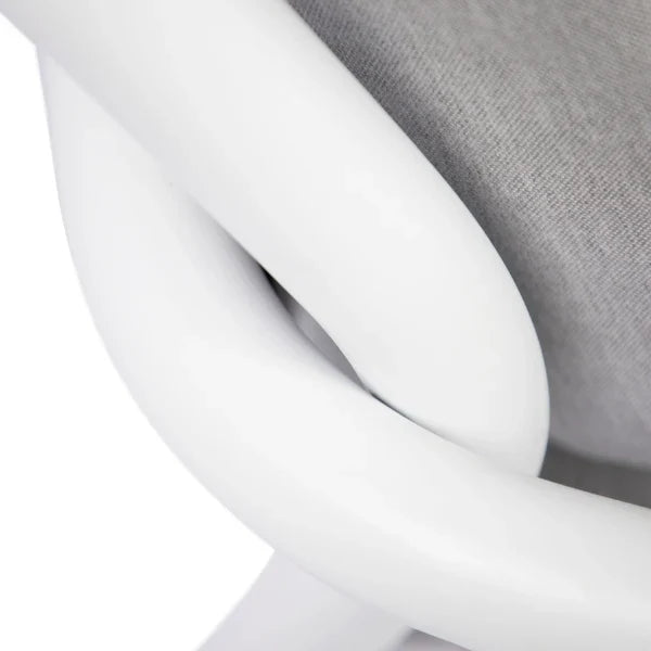 Close-up detail of a modern white chair frame with a gray textured fabric seat cushion.