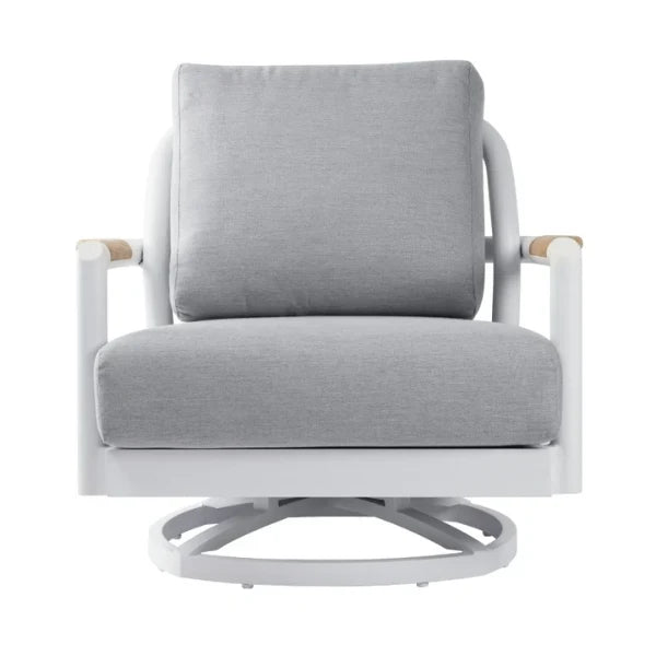 A modern outdoor swivel lounge chair with a light gray textured fabric cushion on a white frame with light wood arm accents and a circular swivel base, shown on a white background.