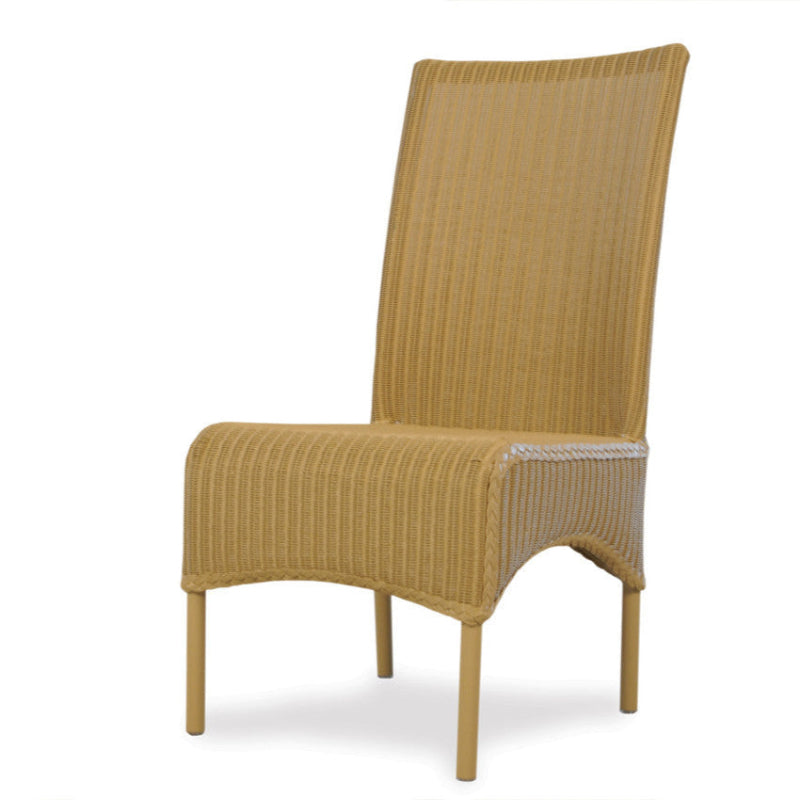 A beige dining chair with a high back and armless design, made from a wicker-like material.