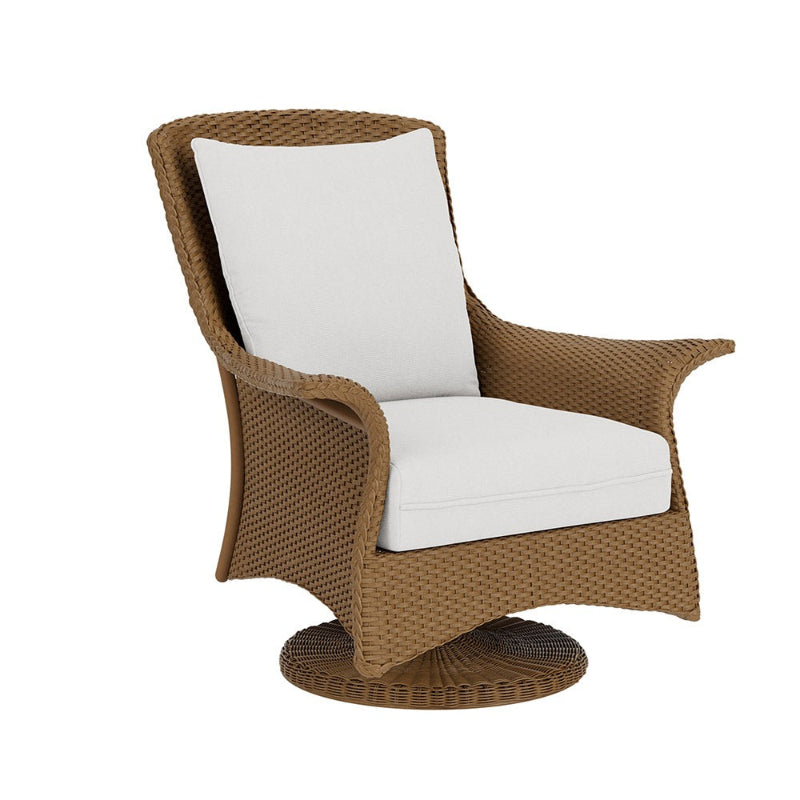 Wicker chair with white cushion on a white background