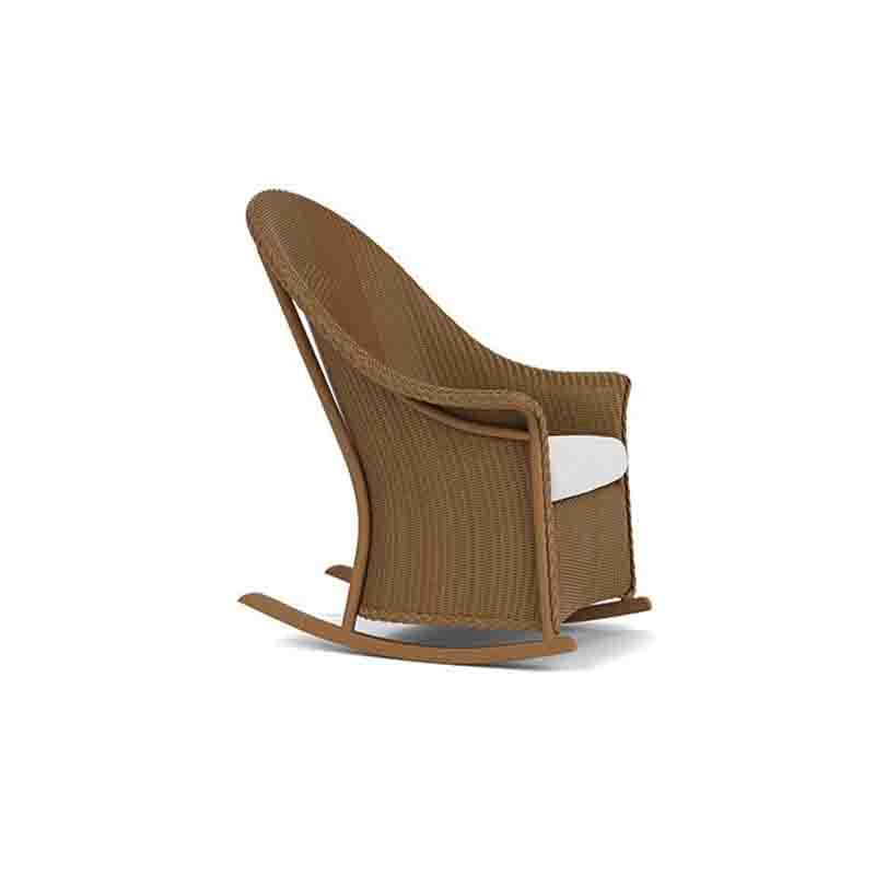 Brown wicker rocking chair with a white cushion on a white background
