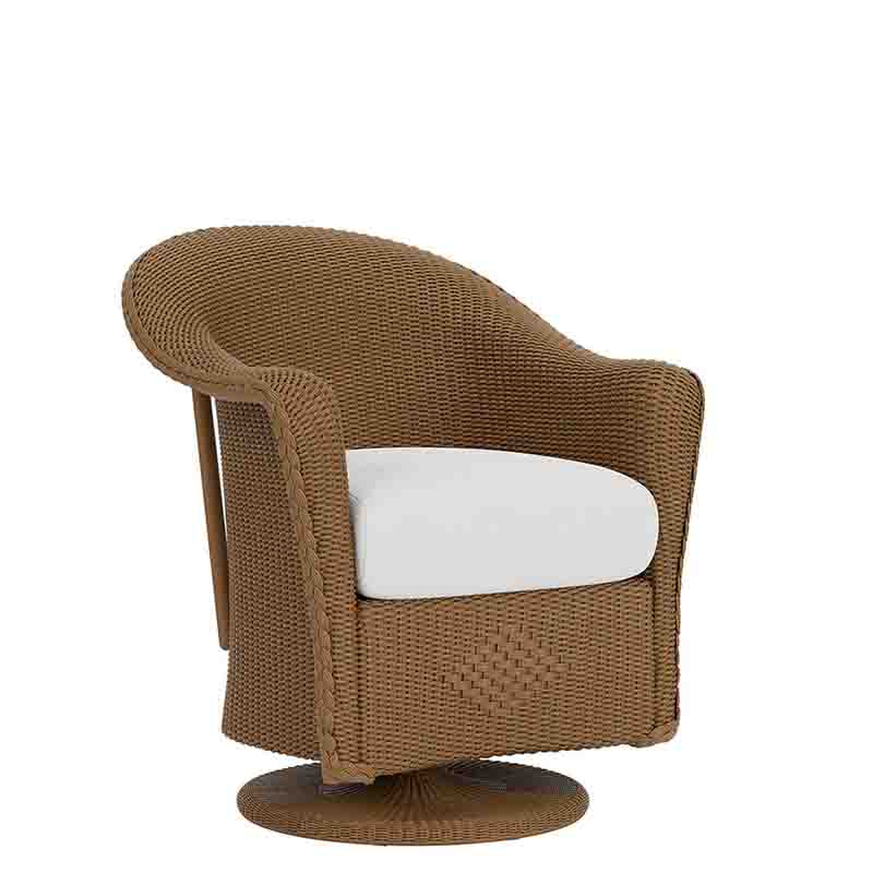 Brown wicker chair with a white cushion on a white background