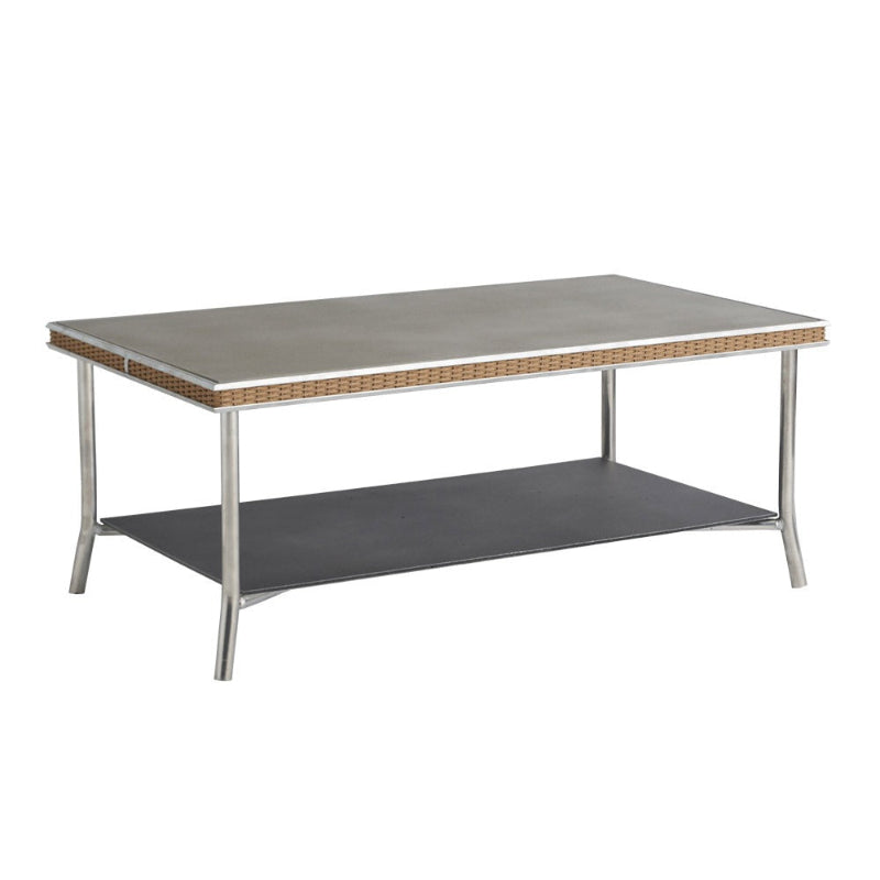Rectangular coffee table with a concrete top and metal frame on a white background