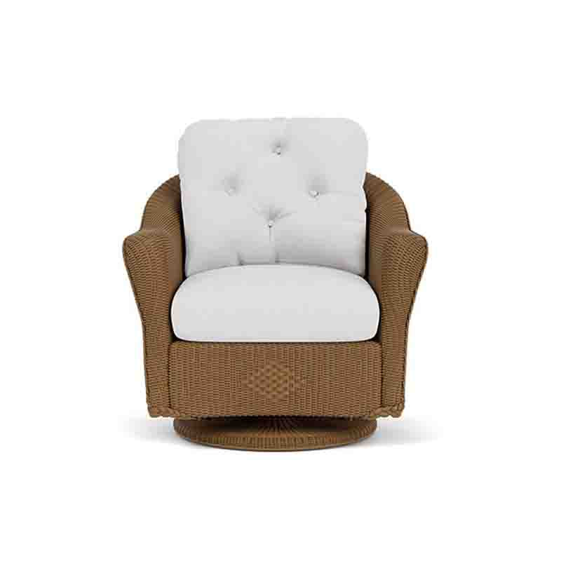 Brown wicker chair with white cushion on a white background