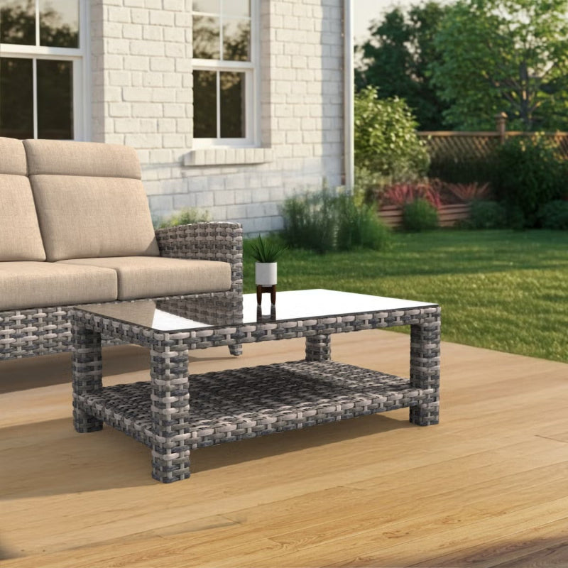 Forever Patio Cavalier Wicker Rectangular Coffee Table with Shelf & Glasstop
