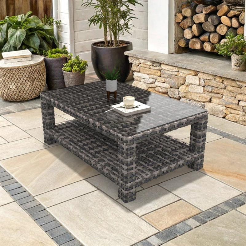 Forever Patio Cavalier Wicker Rectangular Coffee Table with Shelf & Glasstop
